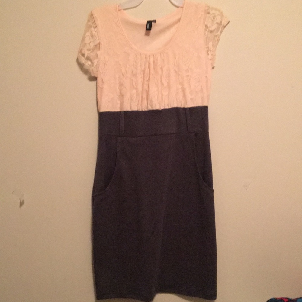 Half lace pink midi dress with pockets.